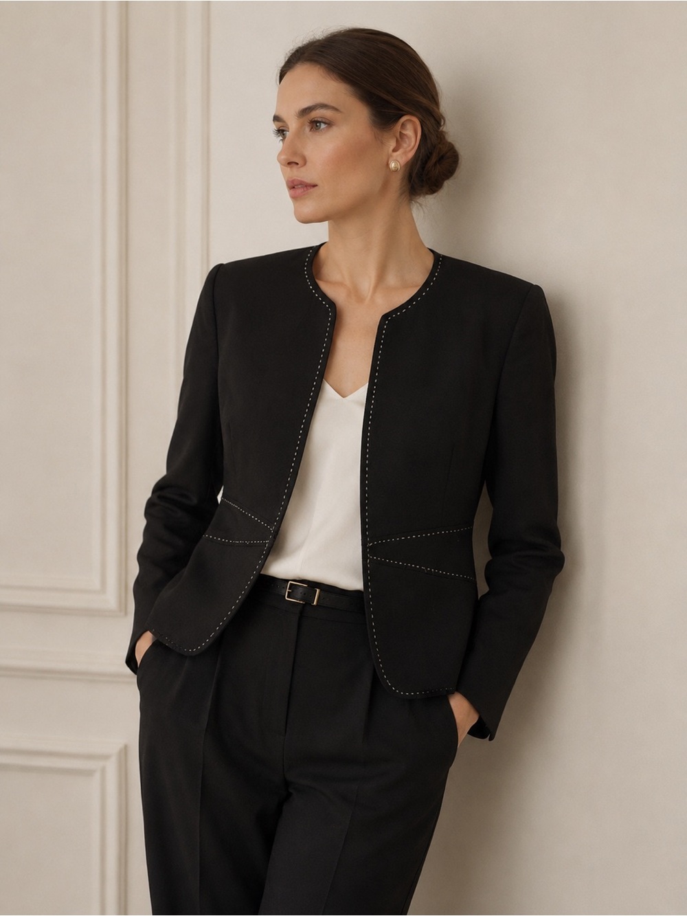 John Paul Richard Stretch Black Open Front Jacket Blazer Contrast Stitch Size 10